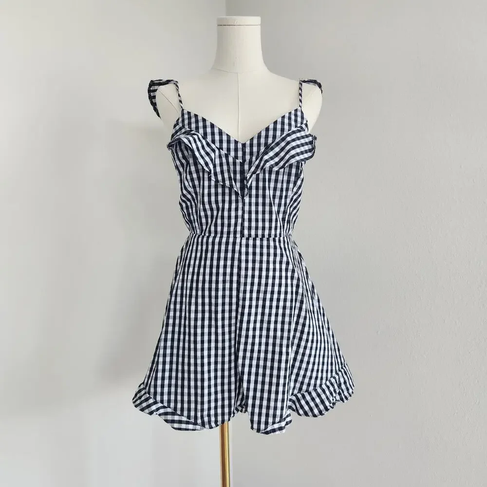 Saks Fifth Avenue Black White Gingham Ruffle Romper Tie Back Cotton Size M - Picture 6 of 6